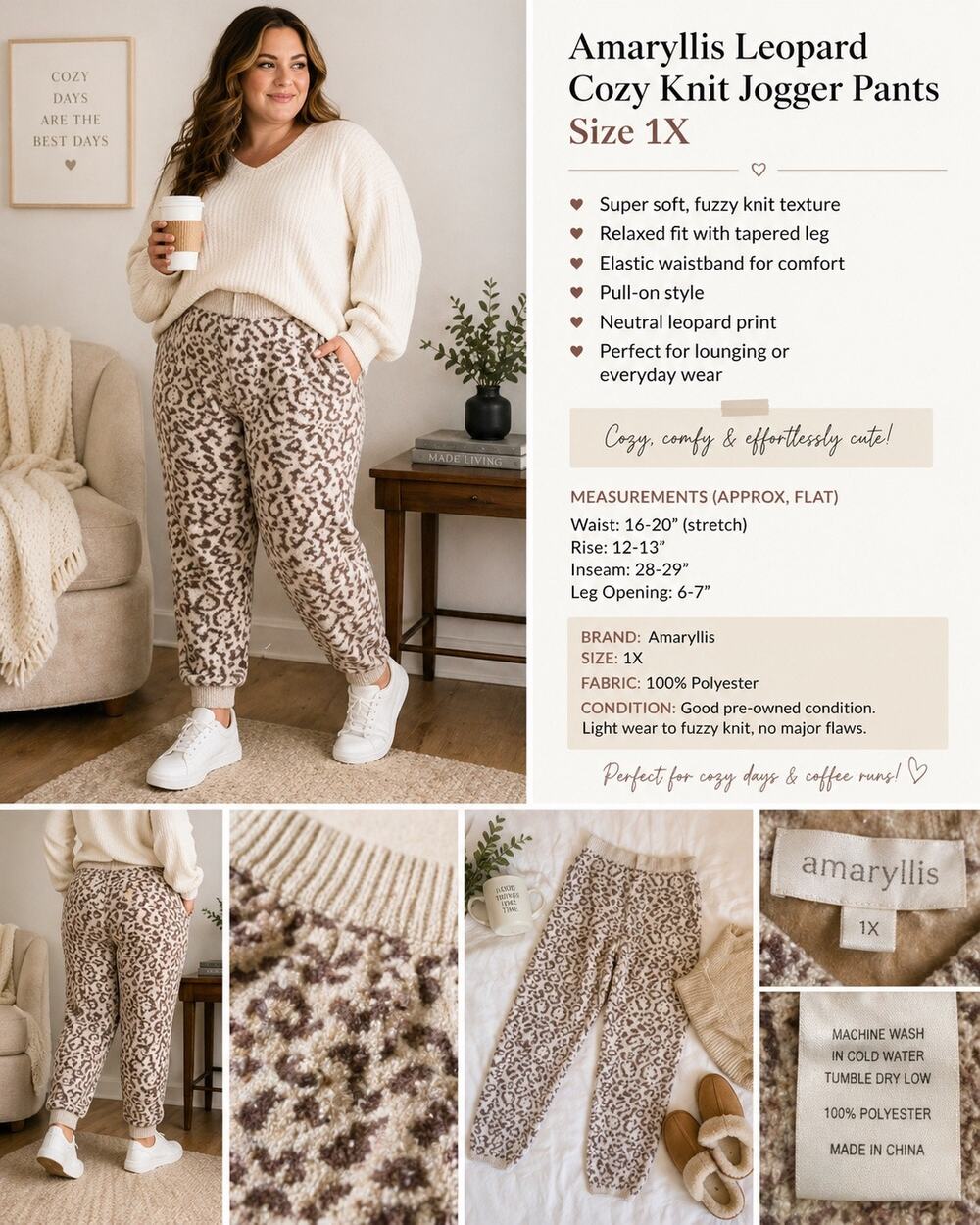 Amaryllis Plush Leopard Print Pants 1X Cozy Relaxed Fit Plus Size